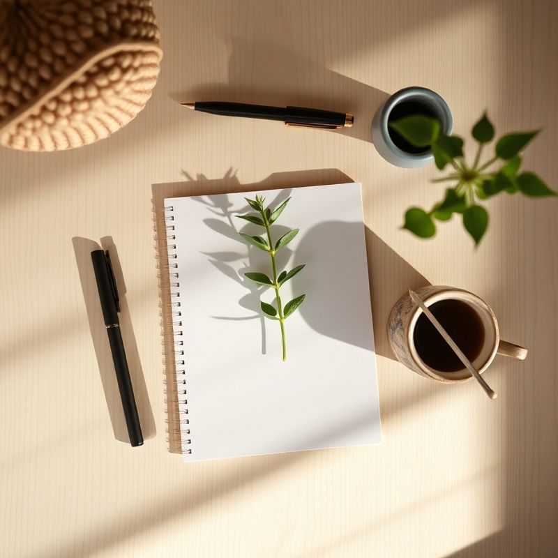 Overhead view of a tidy writing desk with a notepad, an emerald-stemmed plant, and a ceramic pen holder
