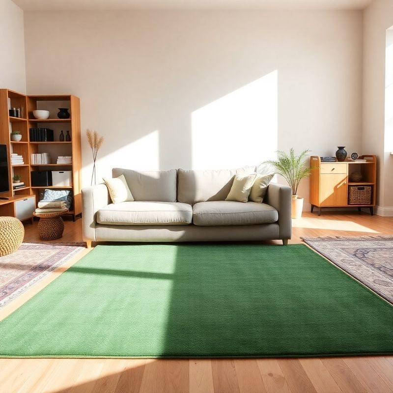 Wide view of a 480-square-foot studio with zoned rugs, tall shelving, and one bare wall