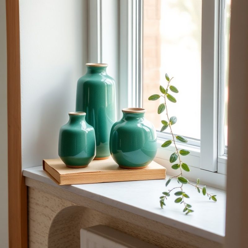 Styled shelf with emerald ceramic vessels and a trailing plant on a pale stone surface