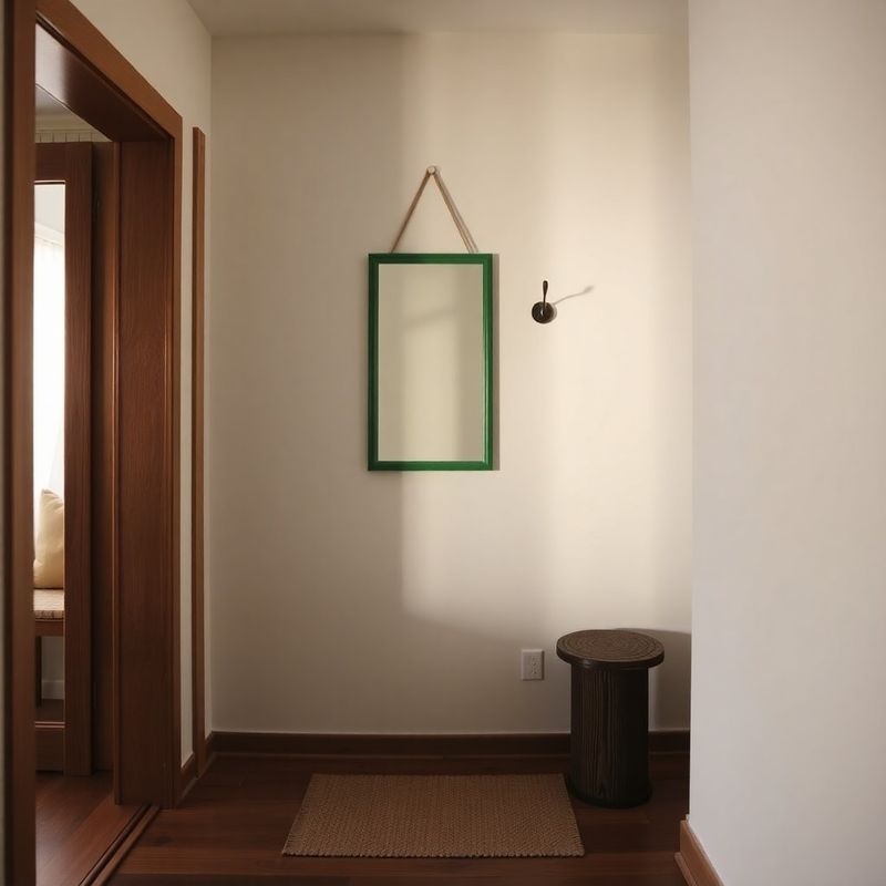 Calm uncluttered apartment entry with emerald-framed mirror, wall hook, and jute mat on timber floor