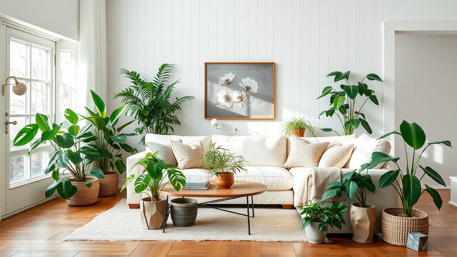 Bright Québec City living room with cream linen sofa and emerald houseplants in northern light