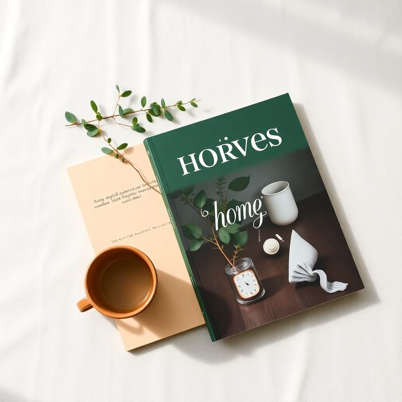 Flat-lay of home living guides, a plant sprig, and a ceramic mug on a light linen surface